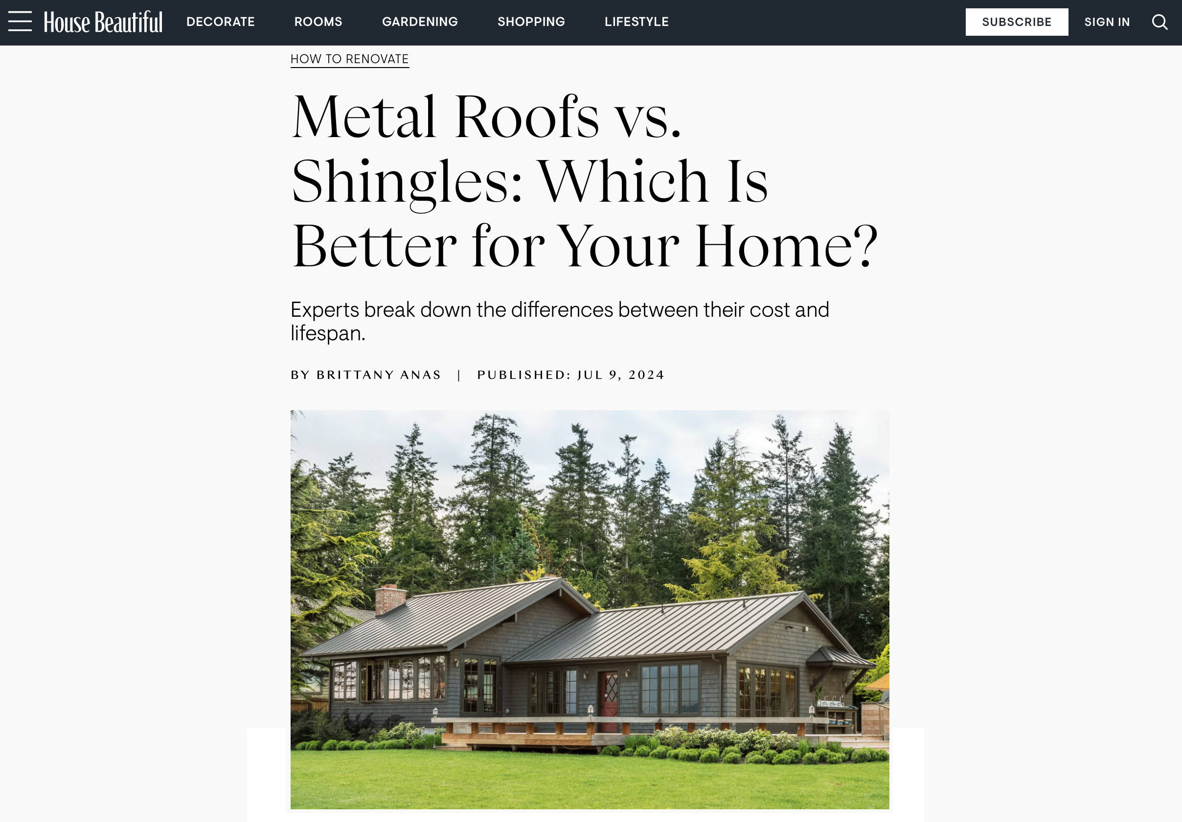 Todd Miller quoted in House Beautiful article  Metal Roofs vs. Shingles: Which Is Better for Your Home? July 2024